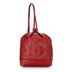 Chanel Red Leather Studded Logo Draswtring Bucket Duffel Bag